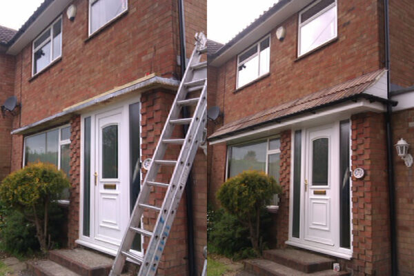 Replacement pitched canopy roof, soffits, fascia and guttering. Before and after
